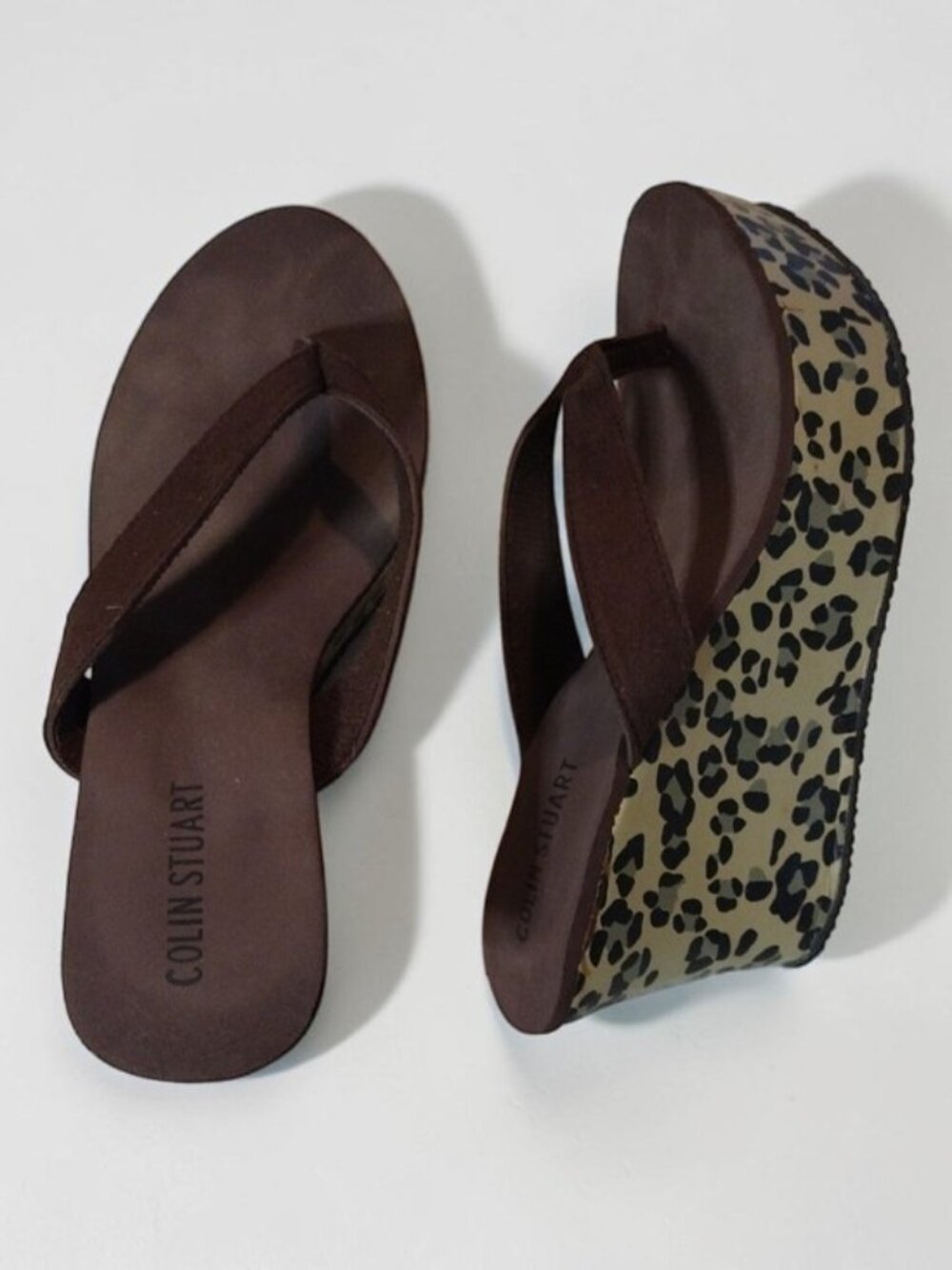 Colin Stuart Brown Flip Flop Platform Wedges with Leopard Print Size 10